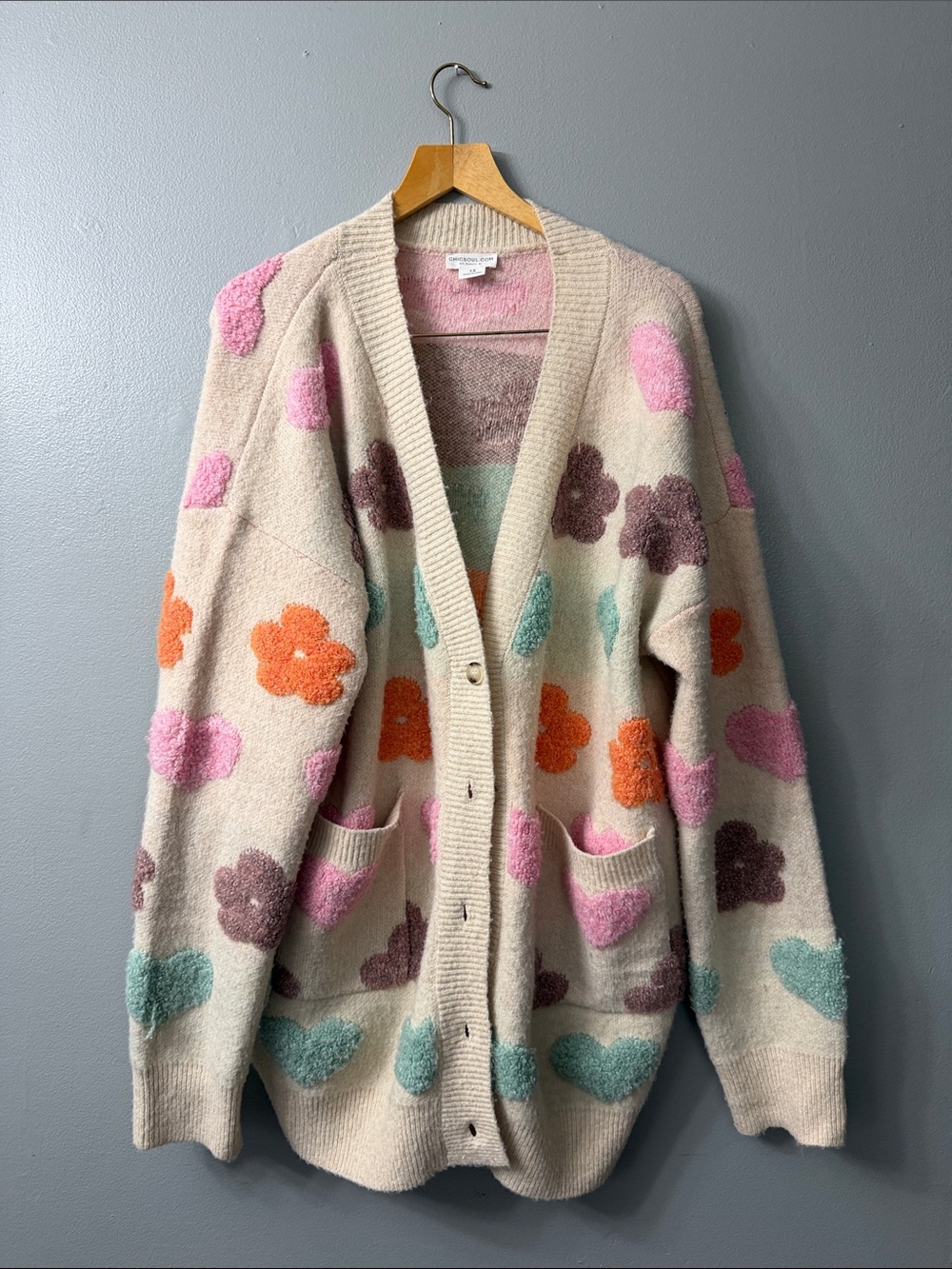 Chic Soul Fuzzy Textured Floral Relaxed Sweater Cardigan 1x oversized - Picture 2 of 6